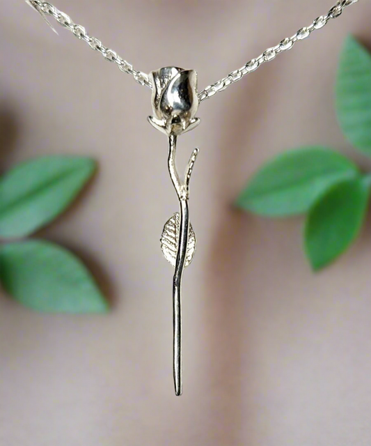 Long Stemmed Rose Pendant - Sterling Silver