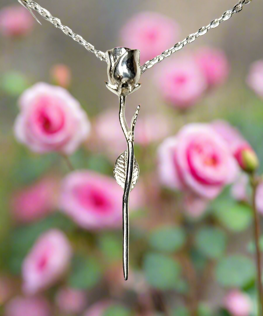 Long Stemmed Rose Pendant - Sterling Silver