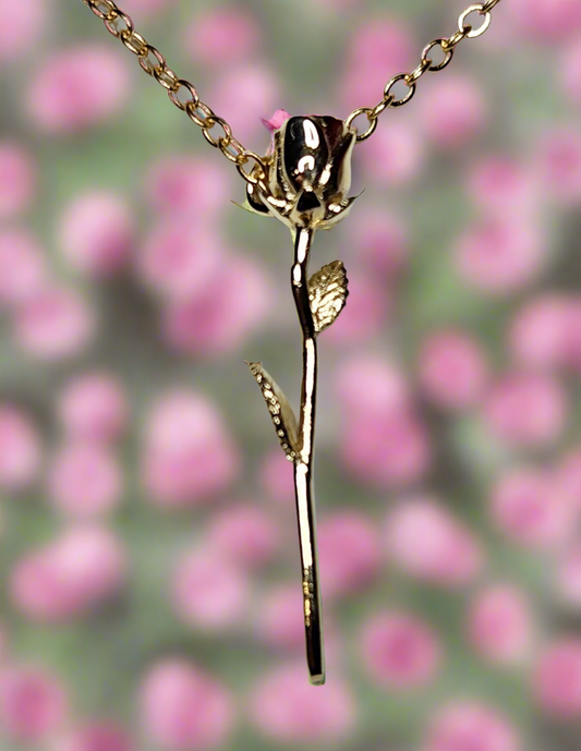 Long Stemmed Rose Pendant - 9ct Yellow Gold