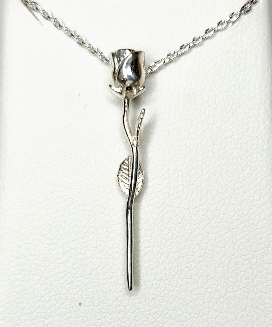 Long Stemmed Rose Pendant - Sterling Silver