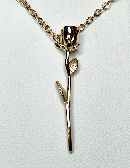 Long Stemmed Rose Pendant - 9ct Yellow Gold