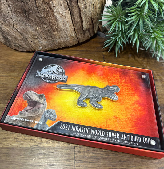 Jurassic Park 2oz Silver Antiqued T.Rex Shaped Coin • 2021