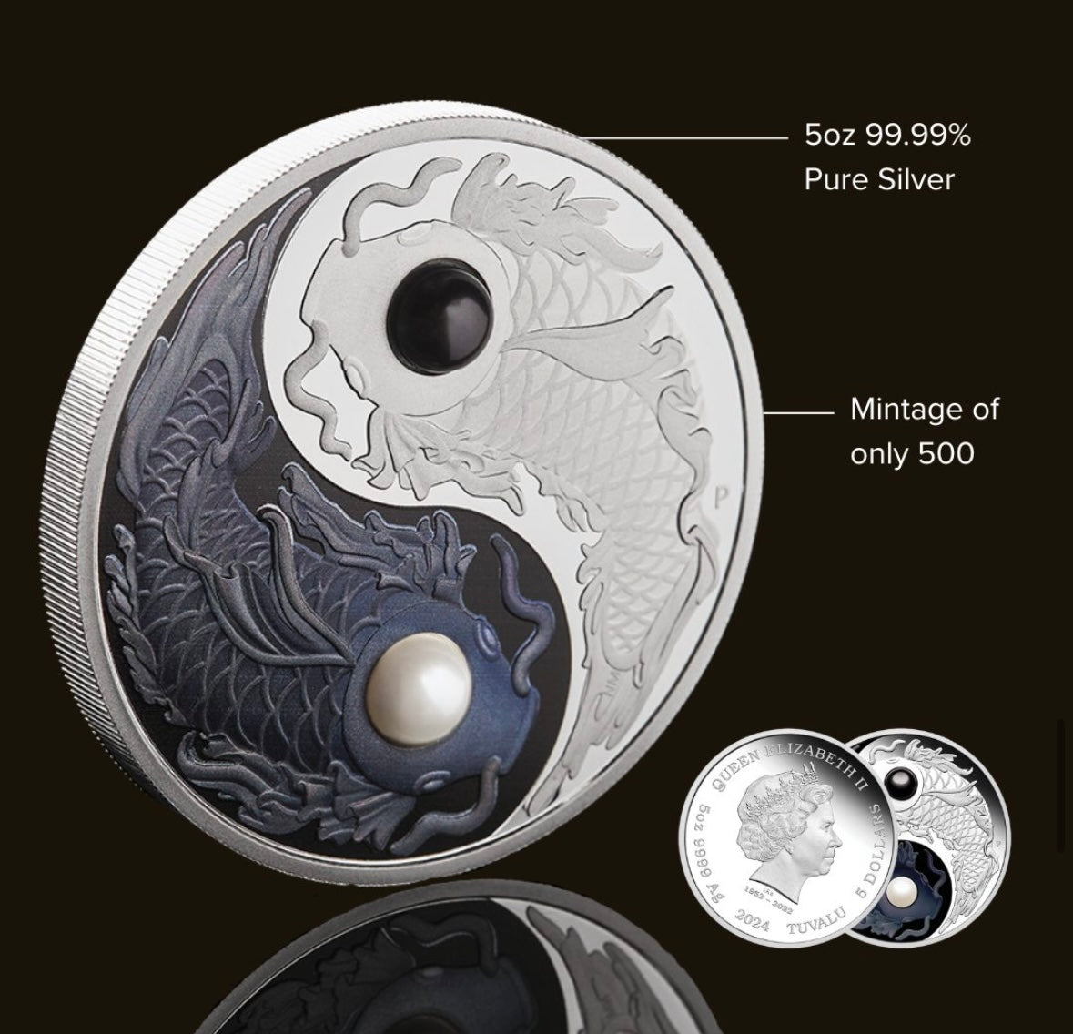 Yin Yang Koi 5oz Silver Proof Coloured Coin with Pearls • 2024